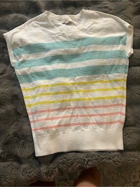 LOFT White Knit Top with Aqua, Yellow & Pink Stripes